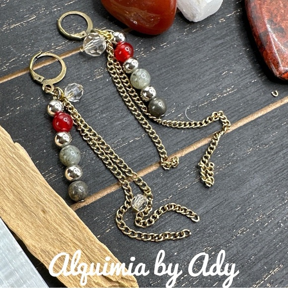 Beaded Chain Earrings with Red and Gray Accents ruby labradorite pyrite - Picture 1 of 1